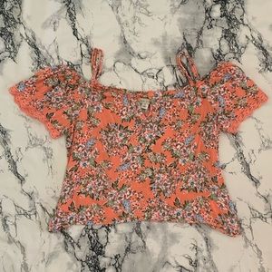 Womens Small Cropped Floral Open Shoulder Pink Blouse Top Adam Levine